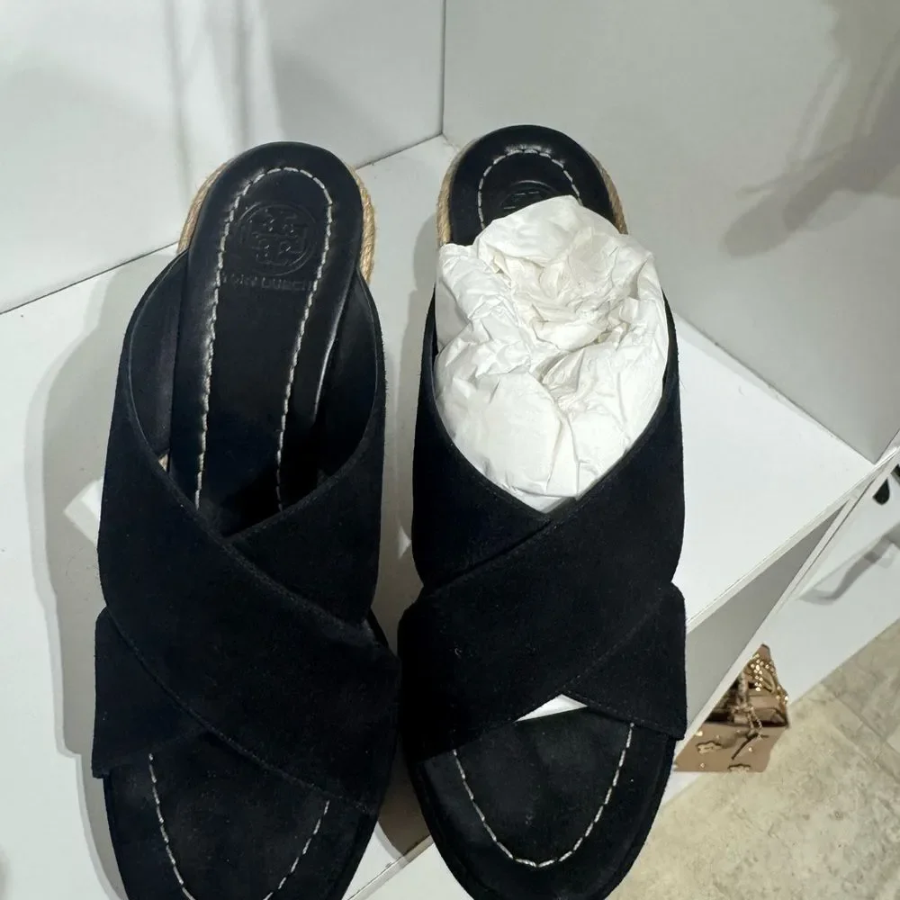 Tory Burch Black and Tan Espadrille Wedges
